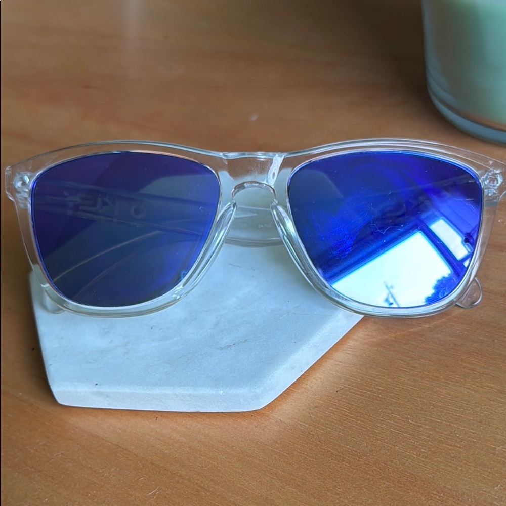 Oakley Frogskins Clear Frame Sunglasses with Blue Lenses